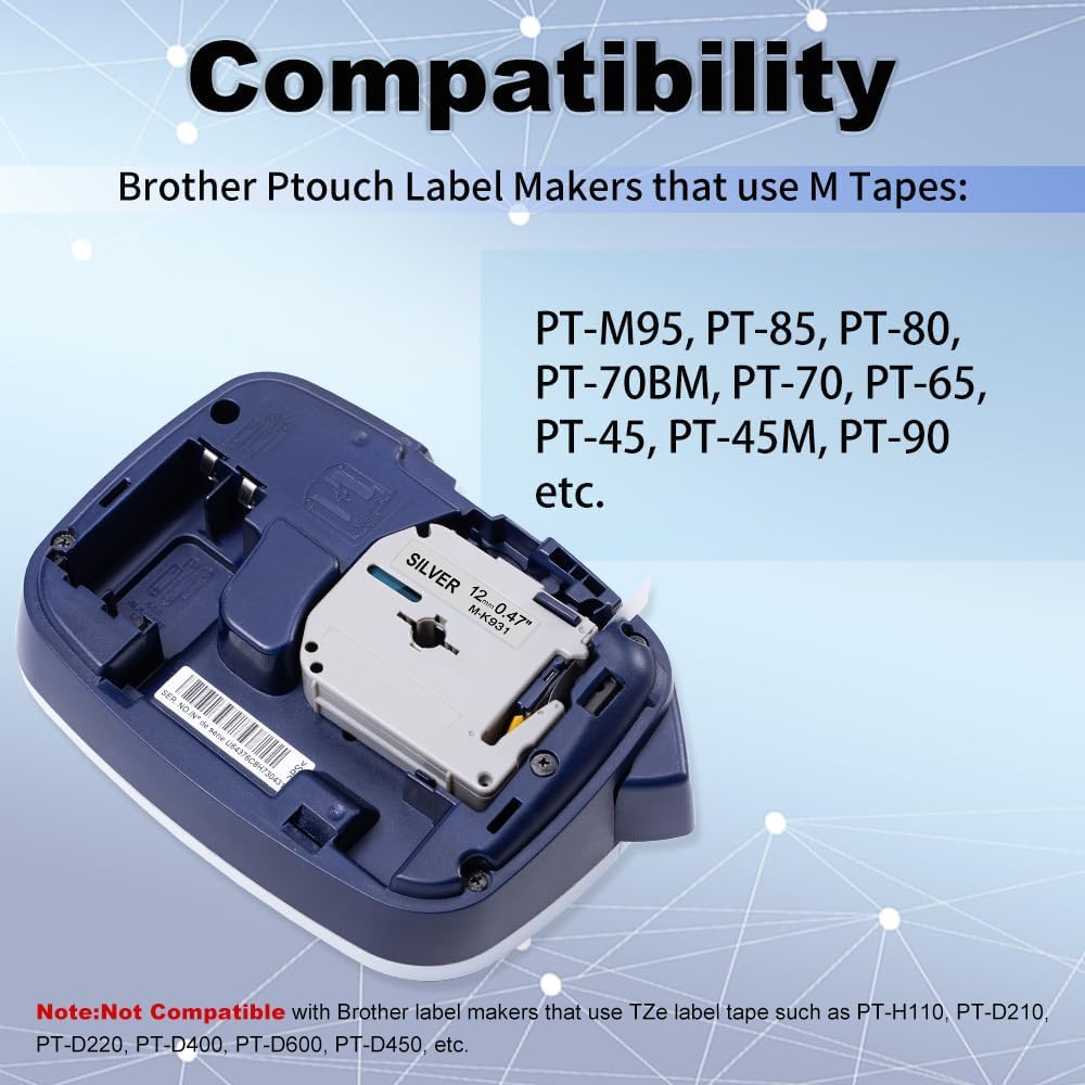 Fimax M-931S Tape 12mm 0.47 Silver Compatible with Brother P Touch Label Maker Tape M-931 M931 M-K931S for Brother Ptouch PT-M95 PT-70BM PT-90 PT-85 PT65 45 Label Maker Refills, 4 Pack