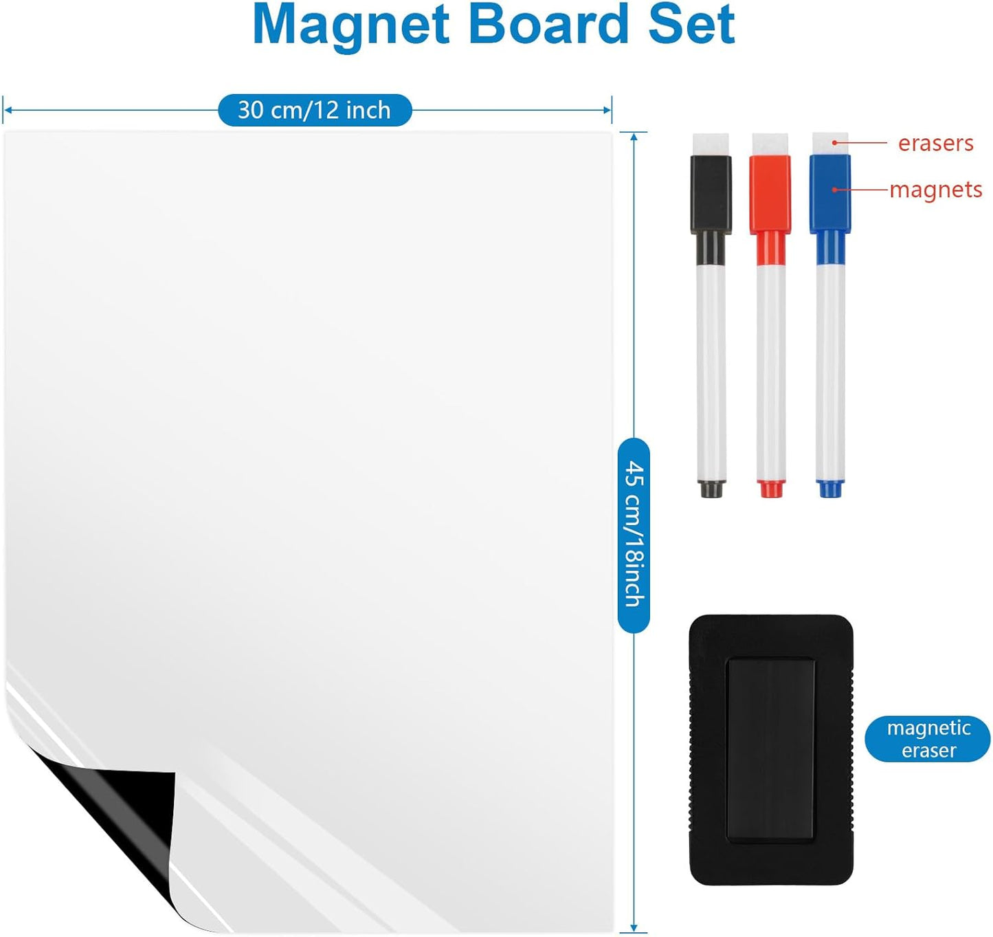 Magnetic Fridge White Board Paper, 12" x 18" Small Dry Erase Board Sheet for Organizer and Planner, Kitchen Refrigerator Whiteboard for Family to-do List, Includes Markers and Eraser