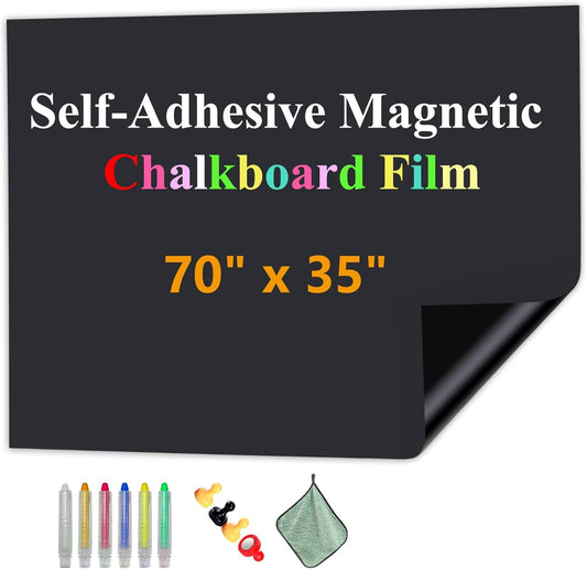 Magnetic Chalkboard Contact Paper with Adhesive, 70" x 35" Magnetic Blackboard Film for Walls, Peel and Stick – Ideal for Office, Classroom, Home. Includes Dustless Chalk, Wiping Cloth, and Magnet