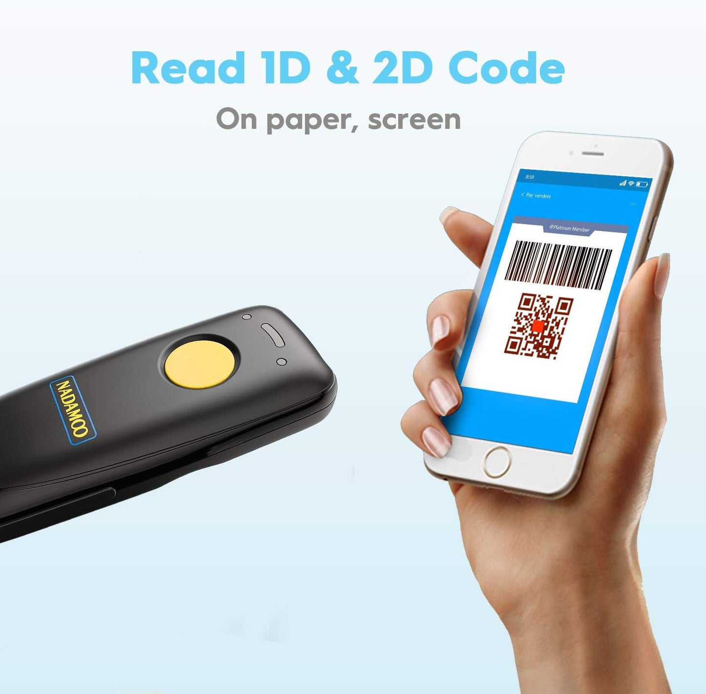 NADAMOO 2D Wireless Barcode Scanner Compatible with Bluetooth, Portable USB 1D 2D QR Code Scanner for Inventory, Bar Code Image Reader for Tablet iPhone iPad Android iOS PC POS, with Charging Dock