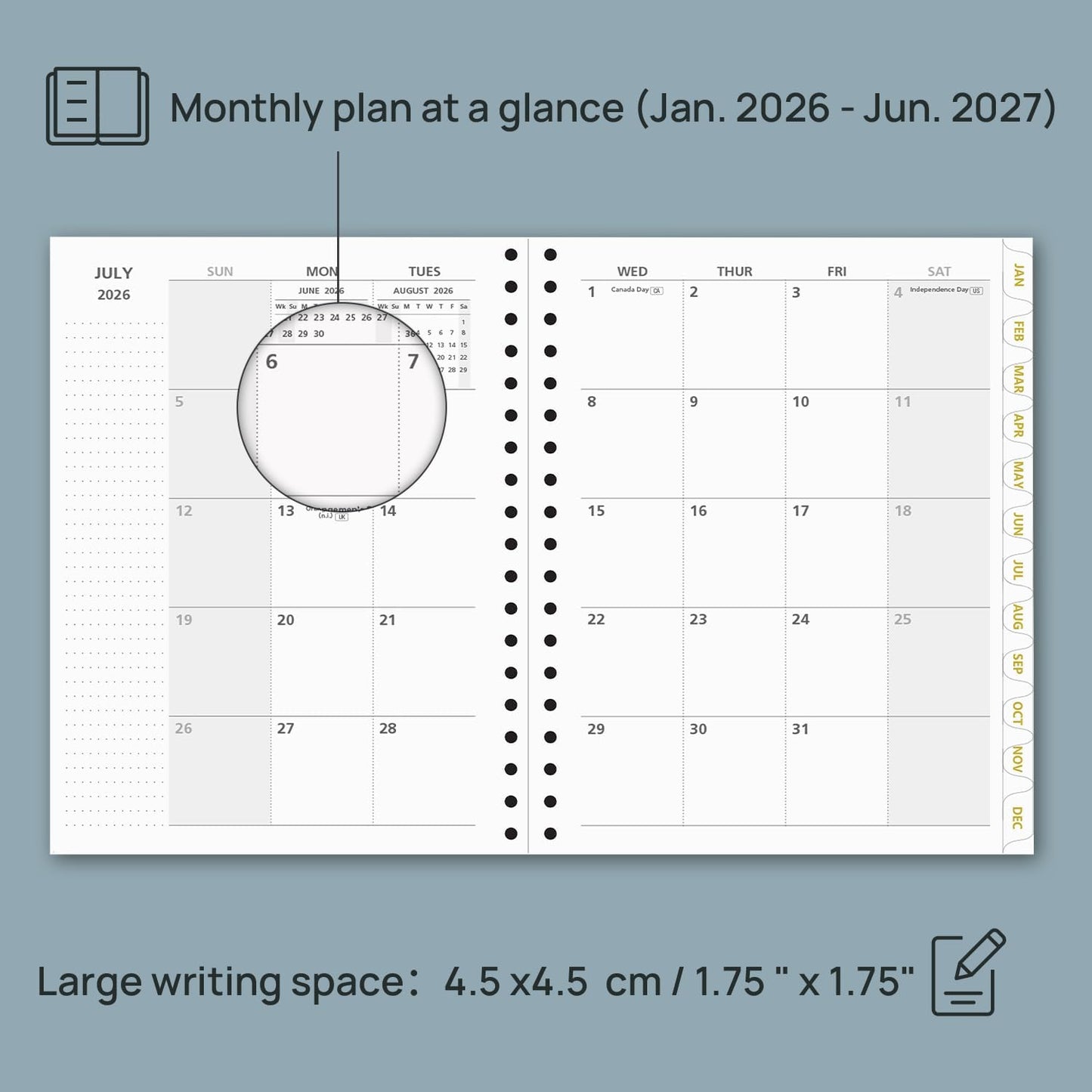 POPRUN Monthly Planner 2026-2027 Spiral Hardcover (8'' x 10''), 18 Months Calendar (Jan.2026-Jun.2027) - 2 Pages per Month with Dotted Note Pages, Sunday Start, Laminated Tab - Light Yellow