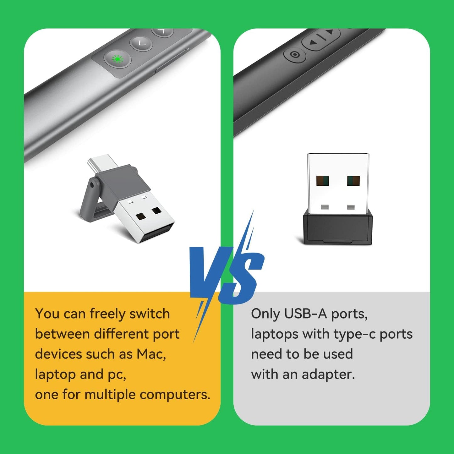 Metallic Presentation Clicker Presenter Remote - Rechargeable Wireless Presenter with Green Laser Pointer, 2 in 1 USB Clicker for PowerPoint & Google Slides, Compatible with MacBook/PC