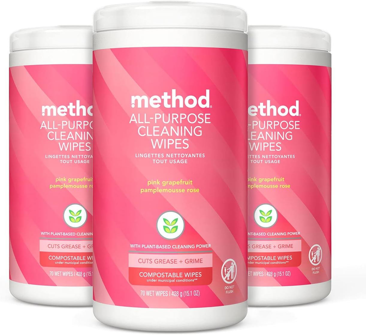 Method All-Purpose Cleaning Wipes, Pink Grapefruit, Multi-Surface, Compostable, 70 Count (Pack of 3)