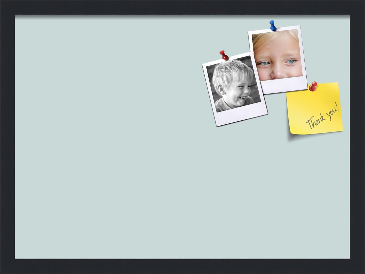 PinPix 22x16 Inch Cork Bulletin Board. This Decorative Framed Pin Board Comes with Soft Blue Design and a Satin Black Frame. Ideal for Home Office Decor or Message Board (PinPix-1814)