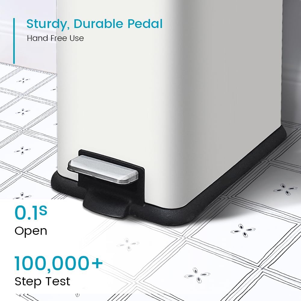 12 Gallon Slim Kitchen Trash Can, Rectangular Trash Can with Removal Inner Bucket and Soft-Close Lid, Foot Pedal, Stainless Steel Garbage Can 45 Liter, White