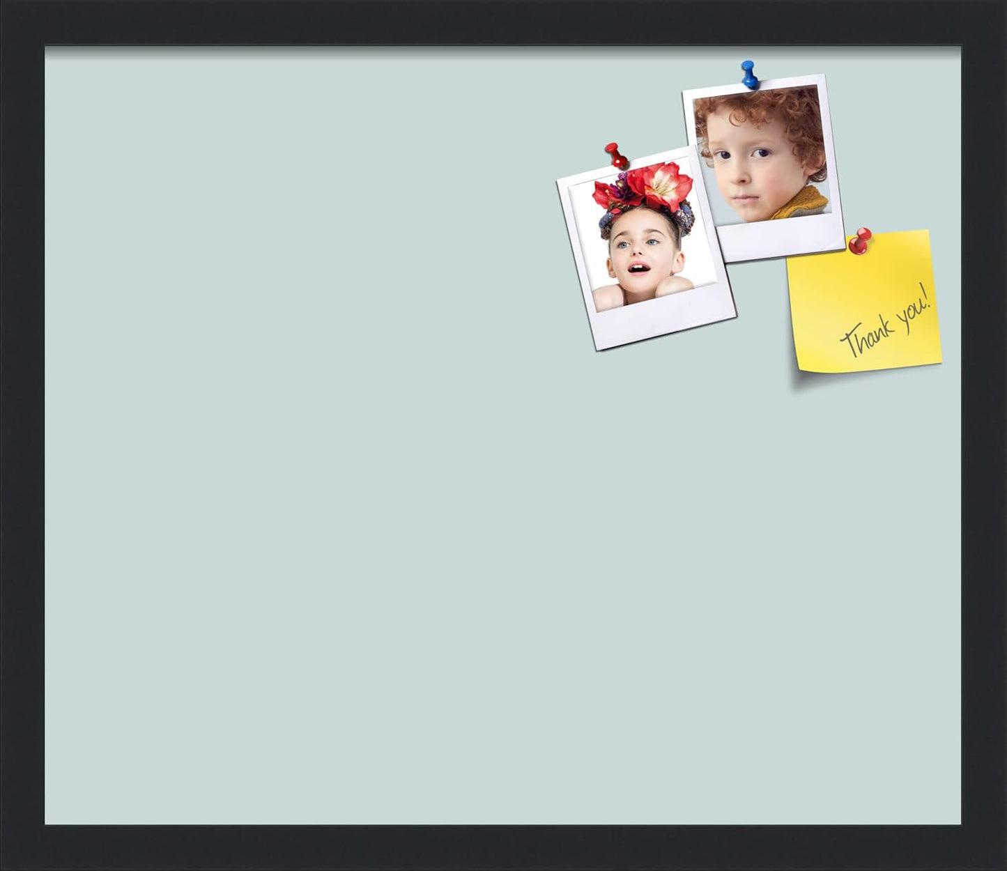 PinPix 20x17 Inch Cork Bulletin Board. This Decorative Framed Pin Board Comes with Soft Blue Design and a Satin Black Frame. Ideal for Home Office Decor or Message Board (PinPix-1814)