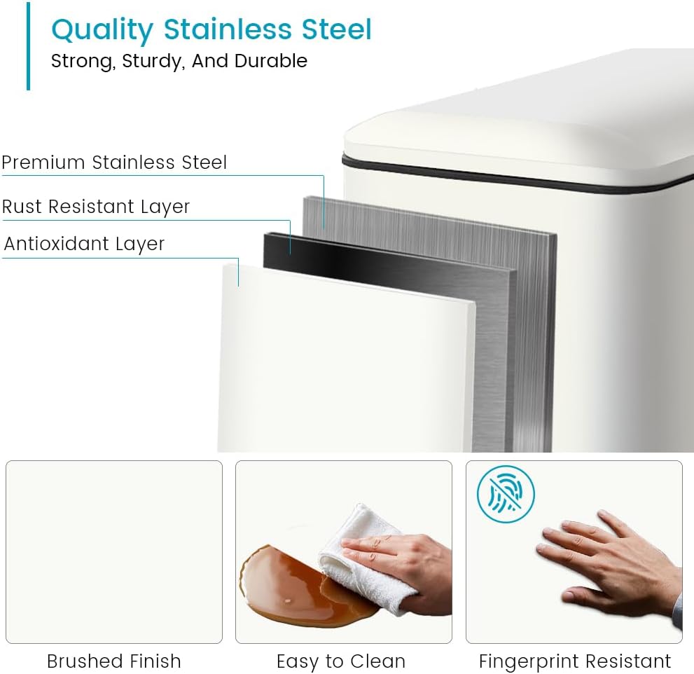 Bathroom Trash Can with Lid, 16.7L/ 4.4 Gallon Trash Can with Removable Inner Bucket, Soft Close lid, Stainless Steel Step Pedal Garbage Can for Bathroom, Kitchen, Home Office, White