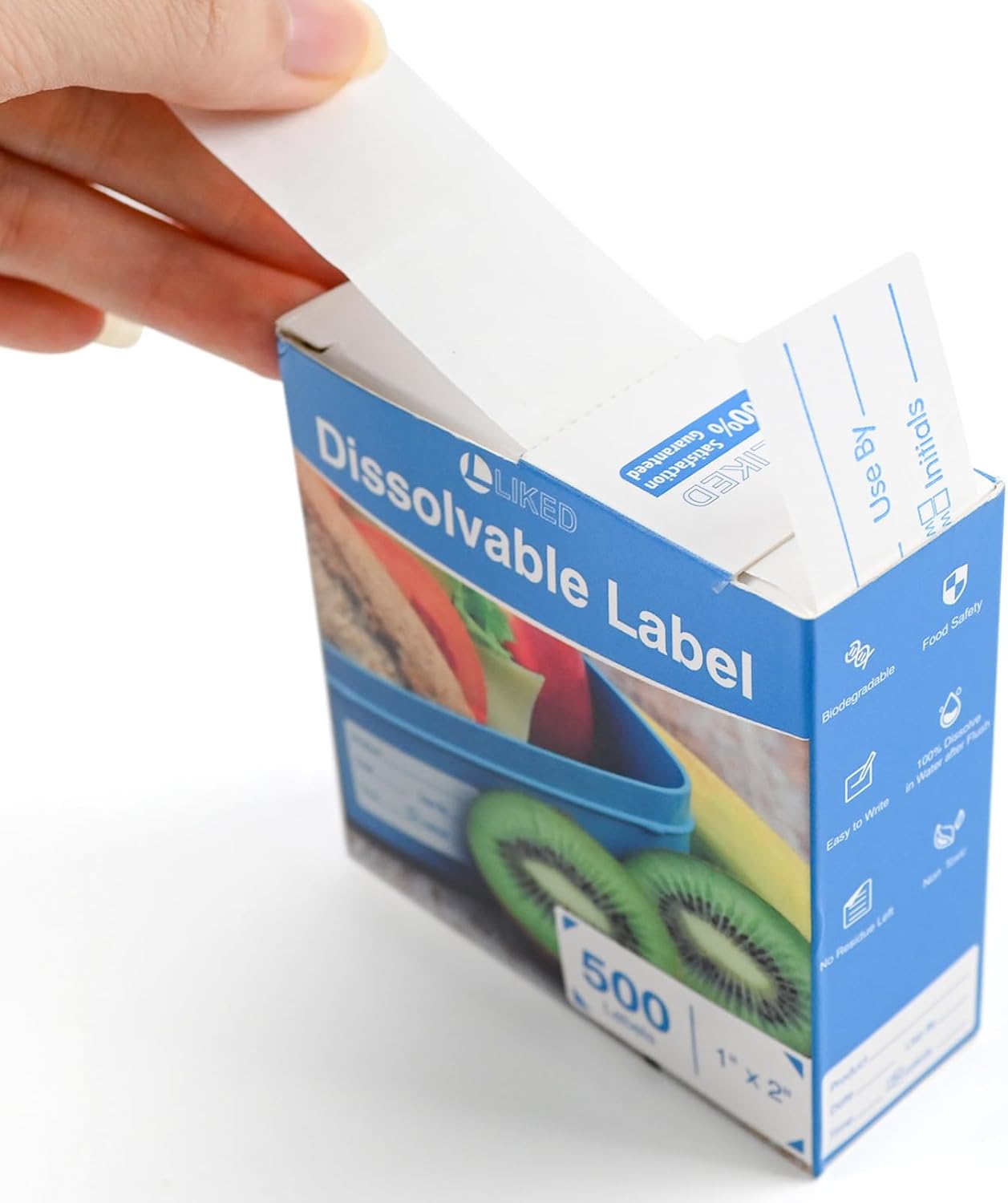 L LIKED 1x2 Inch Blue Dissolvable Food Labels - 500 Stickers,Fast Dissolving in 30 Seconds, Easy to Write On, No Residue,Dissolvable Labels for Food Containers, Storage Bins, Jars & Freezer