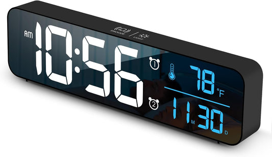 Digital Clock for Bedroom, Clocks for Living Room Decor, Desk Table Clock, Alarm Clock Large Display with Date Week Temperature, Automatic Brightness Dimmer, Smart Cool Modern (Black Blue)
