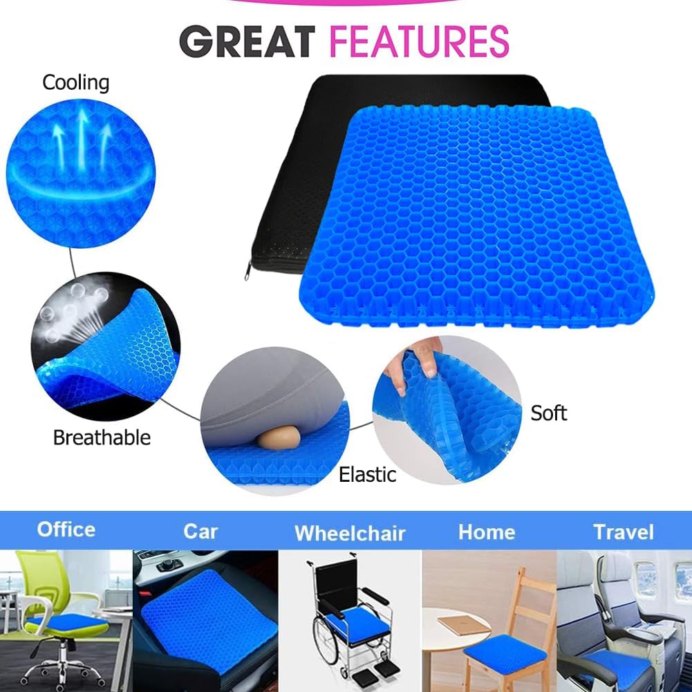 Extra Large Gel Seat Cushion, 17x17inch Double Thick Egg Gel Cushion for Pressure Pain Relief, Breathable Wheelchair Cushion Chair Pads for Car Seat Office Chair (Blue)