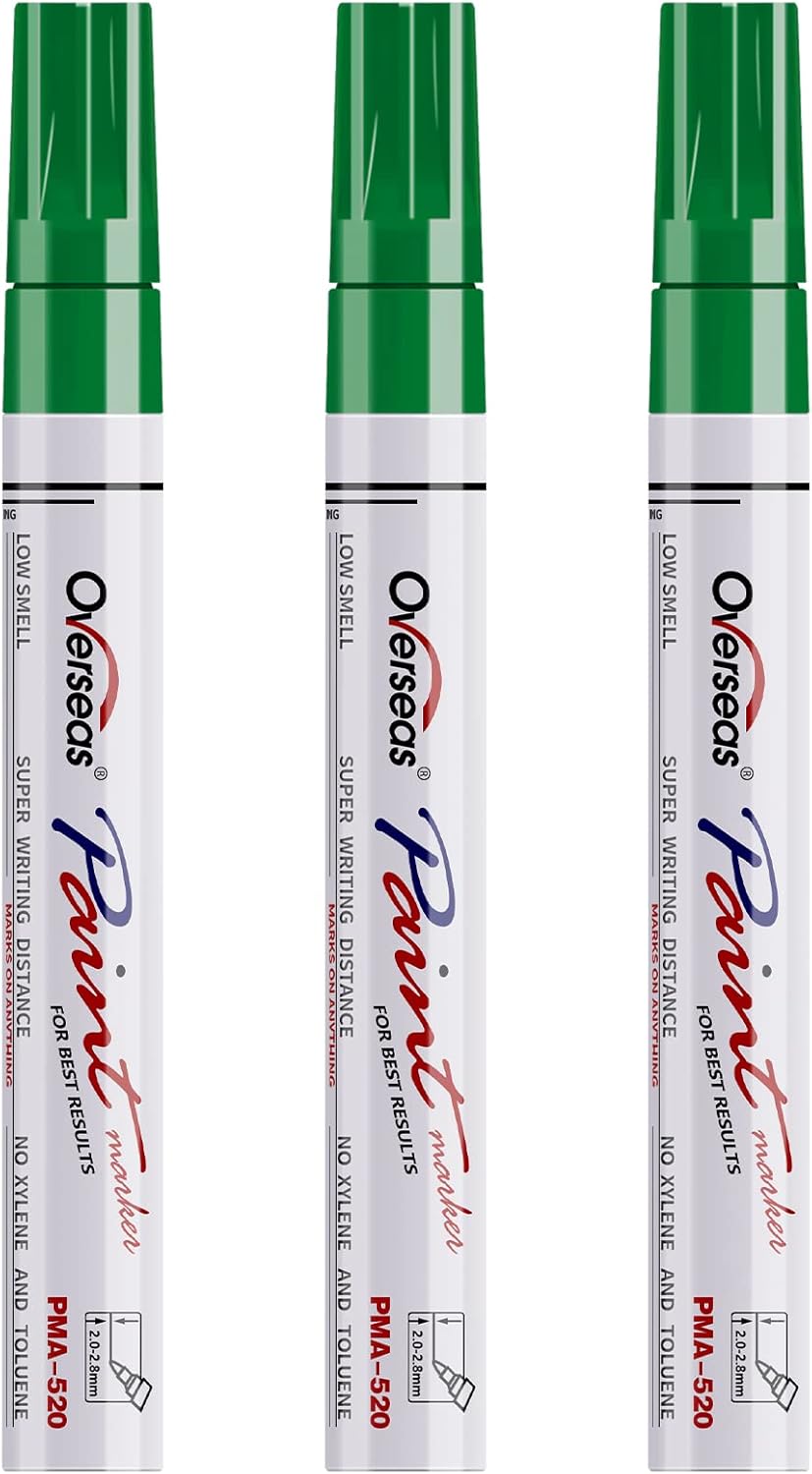 Overseas Permanent Paint Markers Pens - 3 Pack Green Oil Based Paint Pens, Medium Tip, Quick Drying and Waterproof Marker Pen for Metal, Rock, Wood, Fabric, Plastic, Canvas, Mugs, Stone, Glass