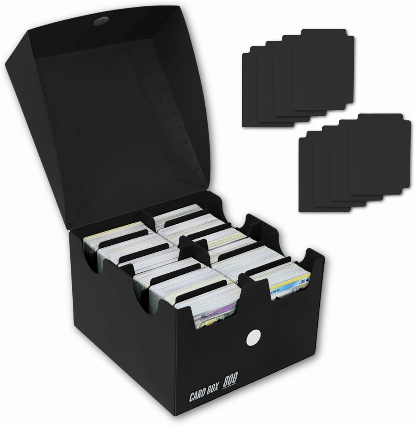 Trading Card Storage Box 800 - Black | Card Box 800+ holds standard 35pt cards | 4-in-1 Compartments| Strong Double Wall Design | 8 dividers | Sports & Baseball Card Deck Boxes - Black