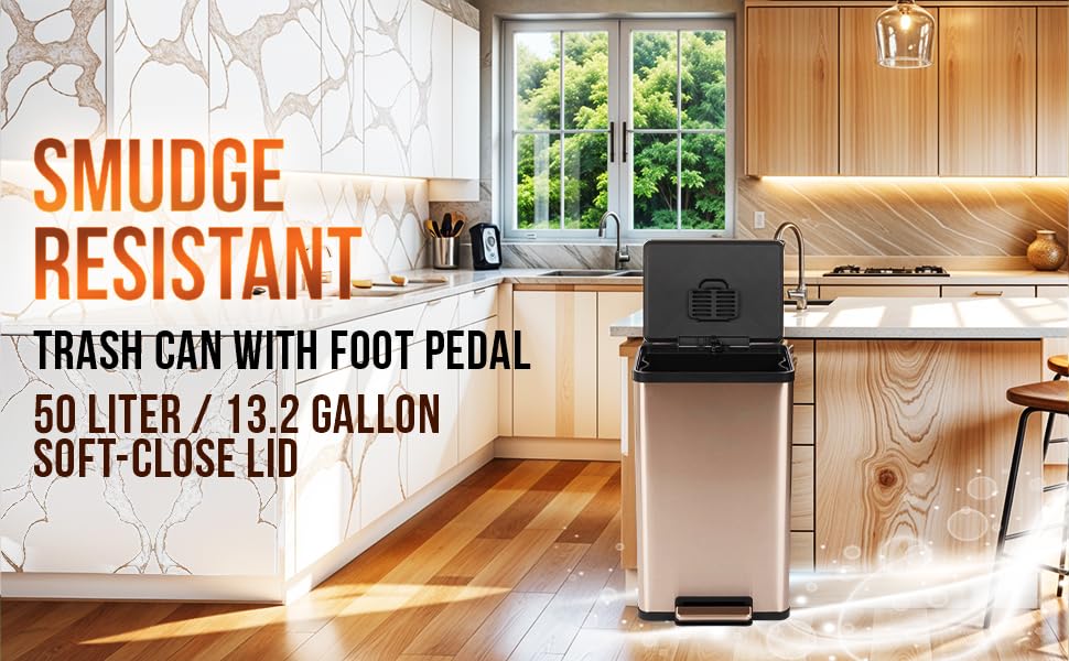 Simpli-Magic 13.2 Gallon (50L) Step Trash Can – Kitchen Garbage Can with Slow-Close Lid – Odor Control, Hands-Free, Easy to Clean, Brushed Stainless Steel (Rose Gold)