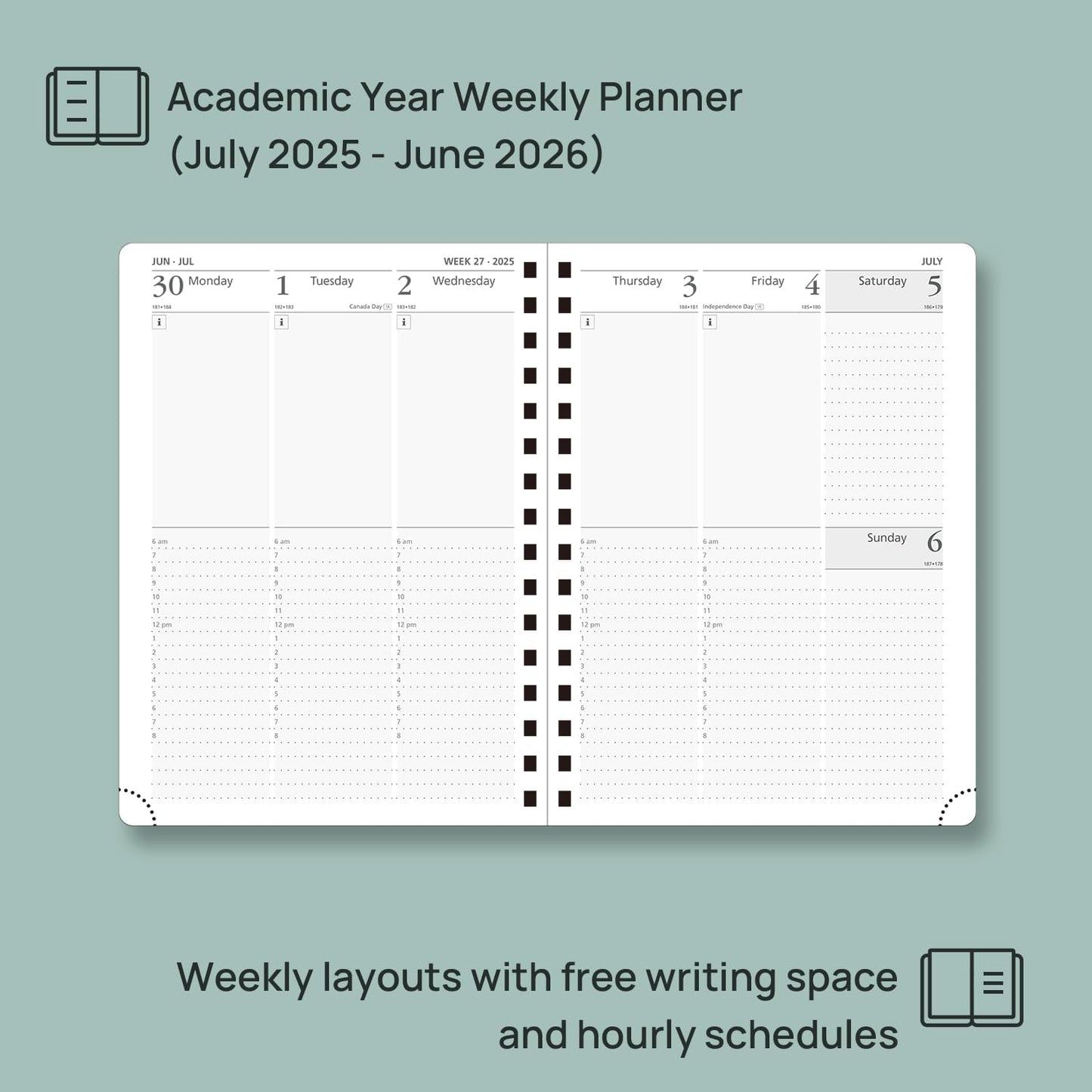 POPRUN Academic Planner 2025-2026 (July 2025-June 2026), Daily Weekly and Monthly Appointment Book (Wirebound Hard Cover - 6.25'' x 8.5'') with Hourly Time Slots, Tabs, 100 GSM - Black