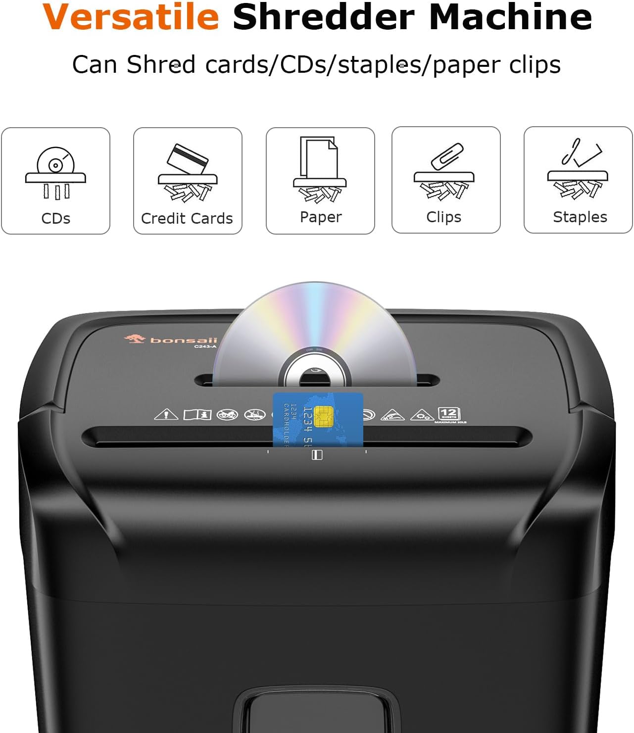 Bonsaii 12-Sheet Paper Shredder for Home Office Use, 10-Minute Cross Cut Shredder with 5.5 Gallons Bin, P-4 High Security Heavy Duty Office Shredder Shred CD/Credit Card