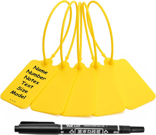 50 Yellow Blank Plastic Tags for Labeling Waterproof Hanging Labels Writable Tags Seal Plastic Marking Label for Clothes Bags Keys Inventory with One Marker Pen
