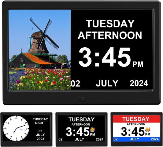 Alarm Clock with Day and Date for Elderly Digital Calendar Clock Photo Frame- Auto Dimmable Display 15 Alarm Options (10 Inch Black)
