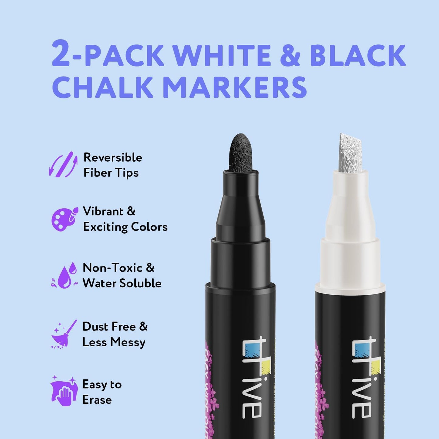 TFIVE White&Black Liquid Chalk Markers - 2 Pack Bright Colors Erasable Chalk Marker Pens, Reversible Tip, Non-Toxic, for Chalkboards, Signs, Glass, Easy to use Chalk markers TF800