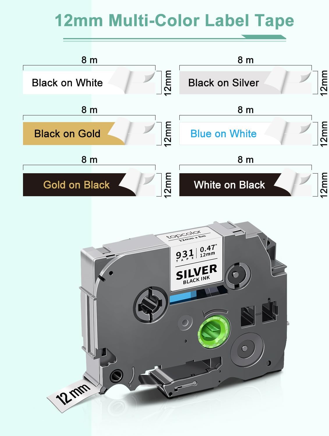 6-Pack 12mm 0.47" Laminated Multi-Color Label Tape Compatible for Brother Tze-931 Tze-831 Tze-233 Tze-334 Tze-335 P Touch Tape Tze Tz 12mm 0.47" Color for PTH110 PTD220 PTD210 PTD400 PTD610BT