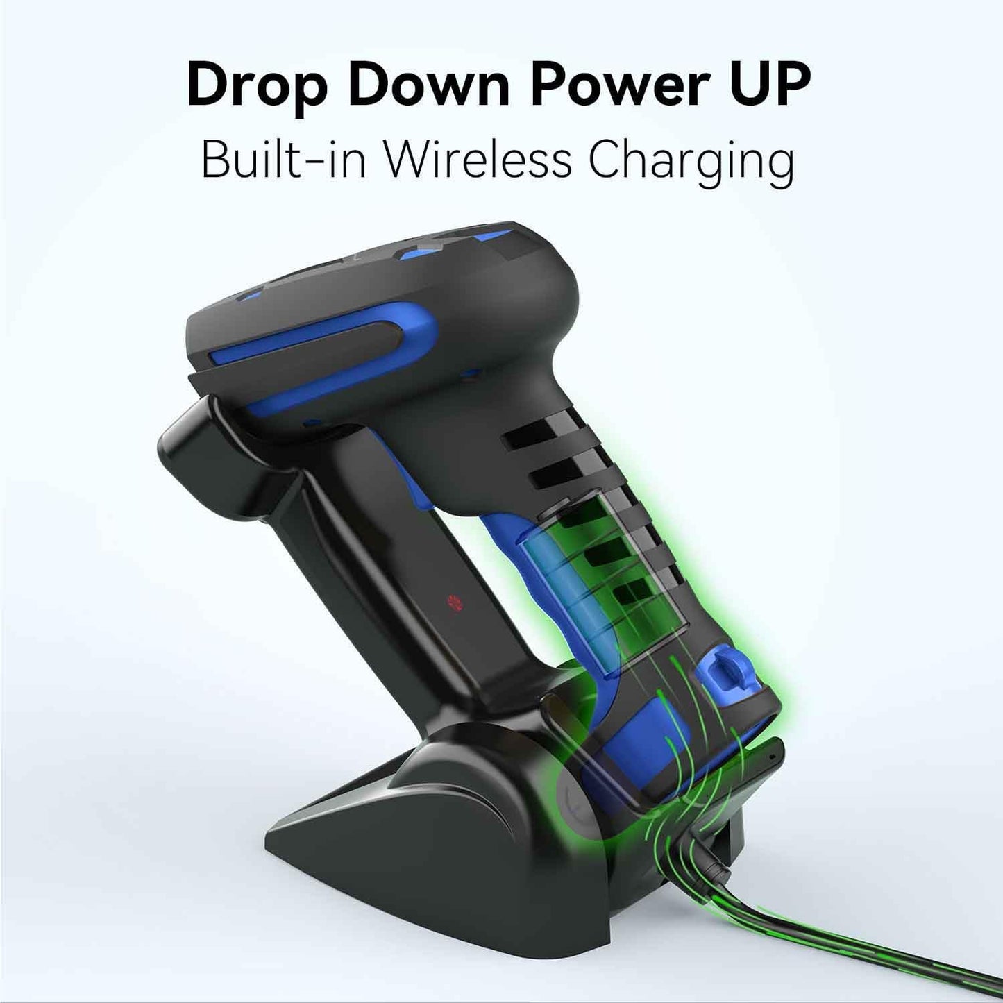 Alacrity Wireless Charging Barcode Scanner, 1D/2D Symbologies, Global Shutter Scan Sensor, Long-Distance 433MHz Wireless & Bluetooth Connectivity, Industrial Shock and Dust-Proof Barcode Reader, Blue