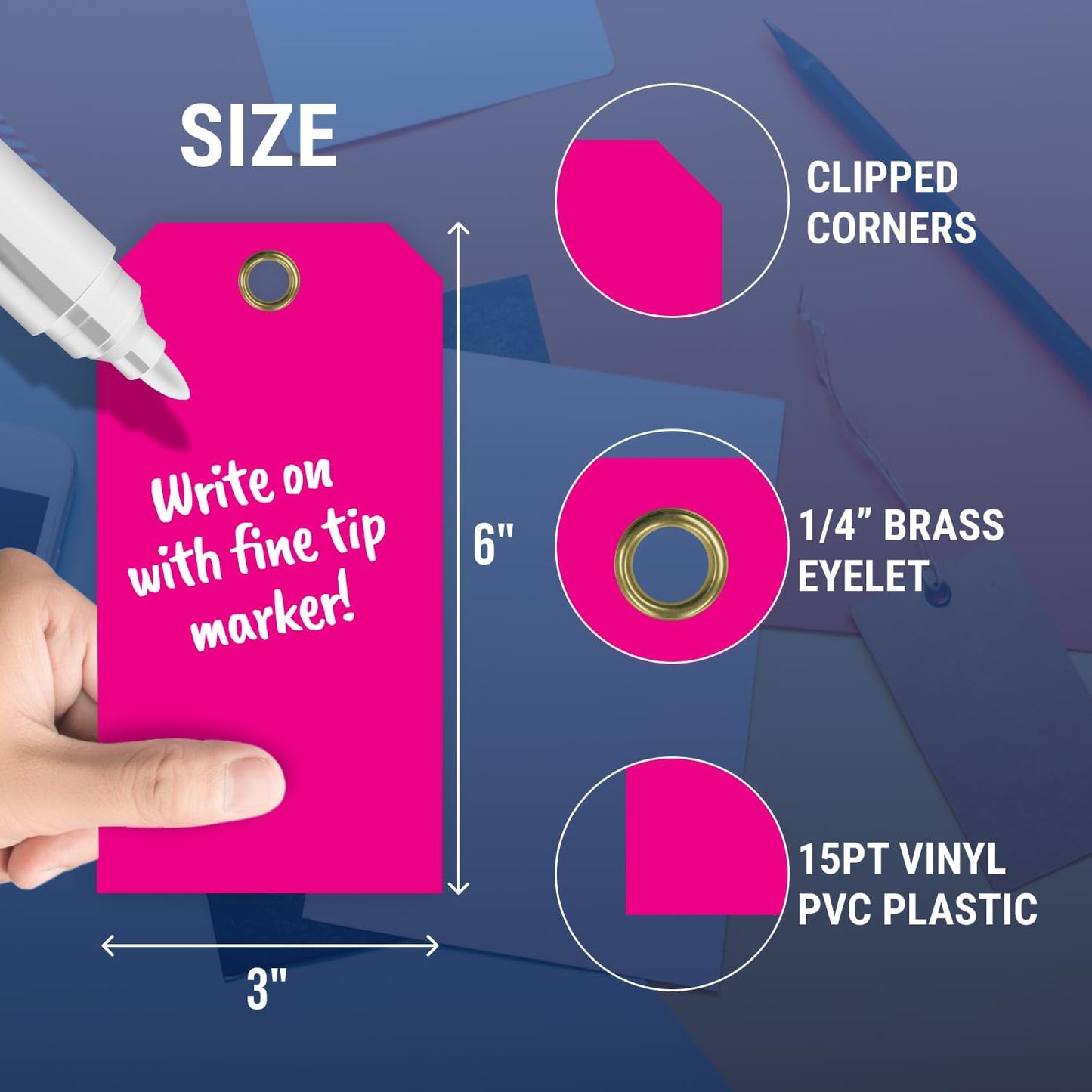 Tags 4 Less 15 Mil Waterproof Plastic Tags, Pack of 100 – 3” x 6” Heavy Duty Plastic Tags for Labeling, Outdoor Tagging, Equipment Labeling, Luggage, Valves & More (Fluorescent Pink)