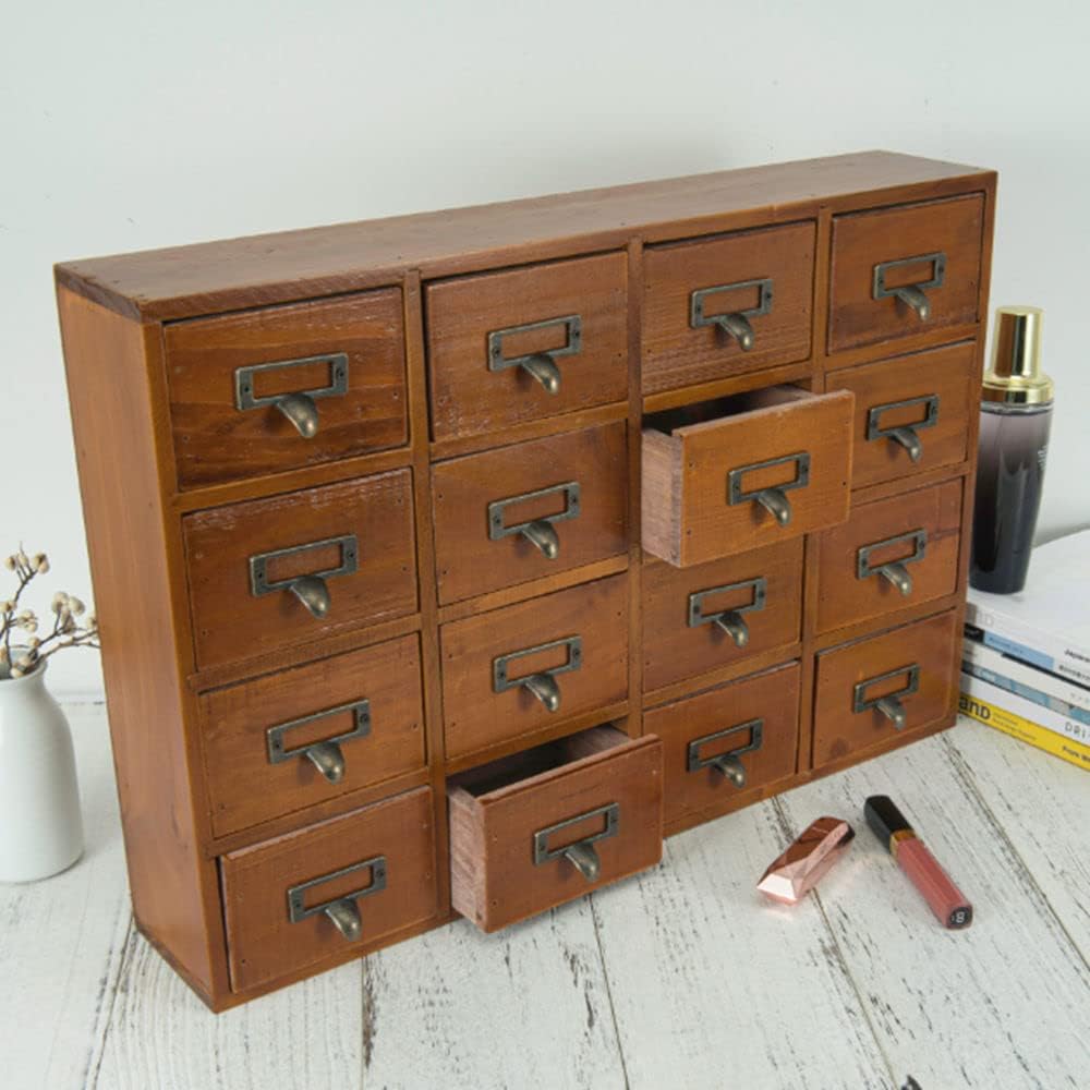 16 Drawers Apothecary Cabinet with Drawers Tabletop Apothecary Chests and Cabinets Library Card Catalog Cabinet Herb Storage Box Wooden Desk Drawer Organizer Medicine Vintage Furniture(BROWN)