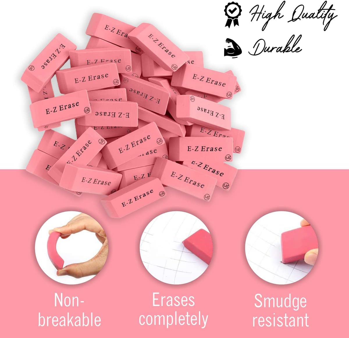 Pink Erasers, Erasers for Kids, Rubber Eraser, 24 Count, Erasers Bulk for School Supplies, Art, and Office Use