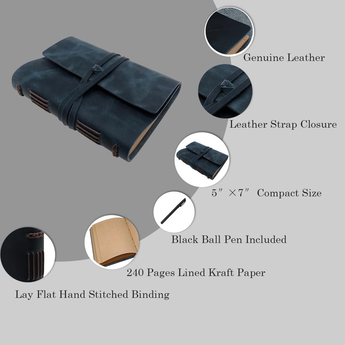 Blue Notebook Journal - Genuine Leather Journals for Writing Small Size Diary 5.5x7.5 Inch, Notepad For Man and Women, Gifts,Work,Travel Dark Blue