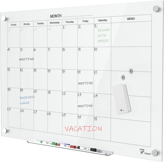TOWON 47 x 35 Inch Glass Dry Erase Board, Magnetic Whiteboard Calendar, Monthly Planner Set, White