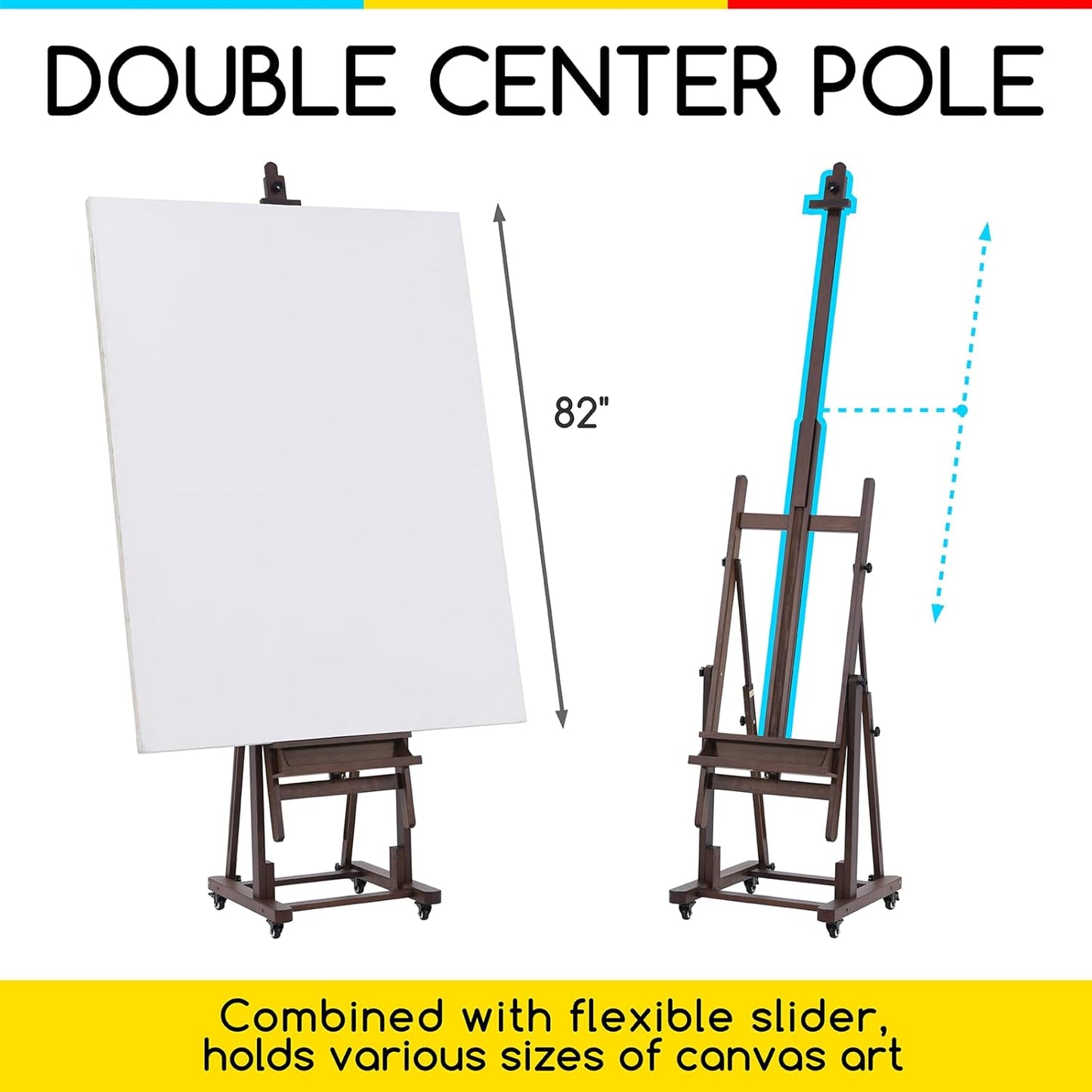 MEEDEN Extra Large H-Frame Studio Easel - Solid Beech Wooden Artist Professional Heavy-Duty Easel, Painting Art Easel Stand with 4 Premium Locking Silent Caster Wheels, Hold Max 82", Walnut