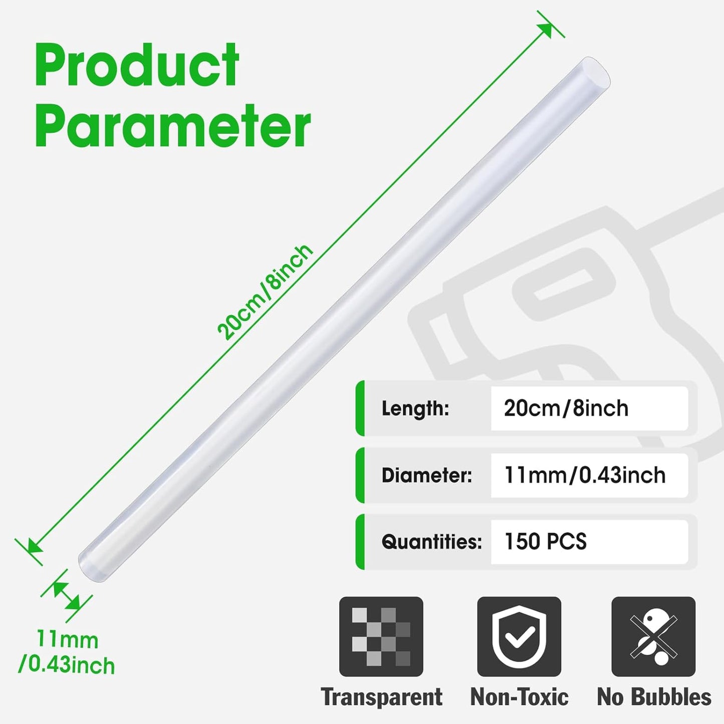 150 PCS Hot Glue Sticks, Full Size 8" Long x 0.43" Diameter Glue Sticks for Glue Gun, Widely Used in Wood, Metal, Glass, Plastic, Floral, Fabric, and More