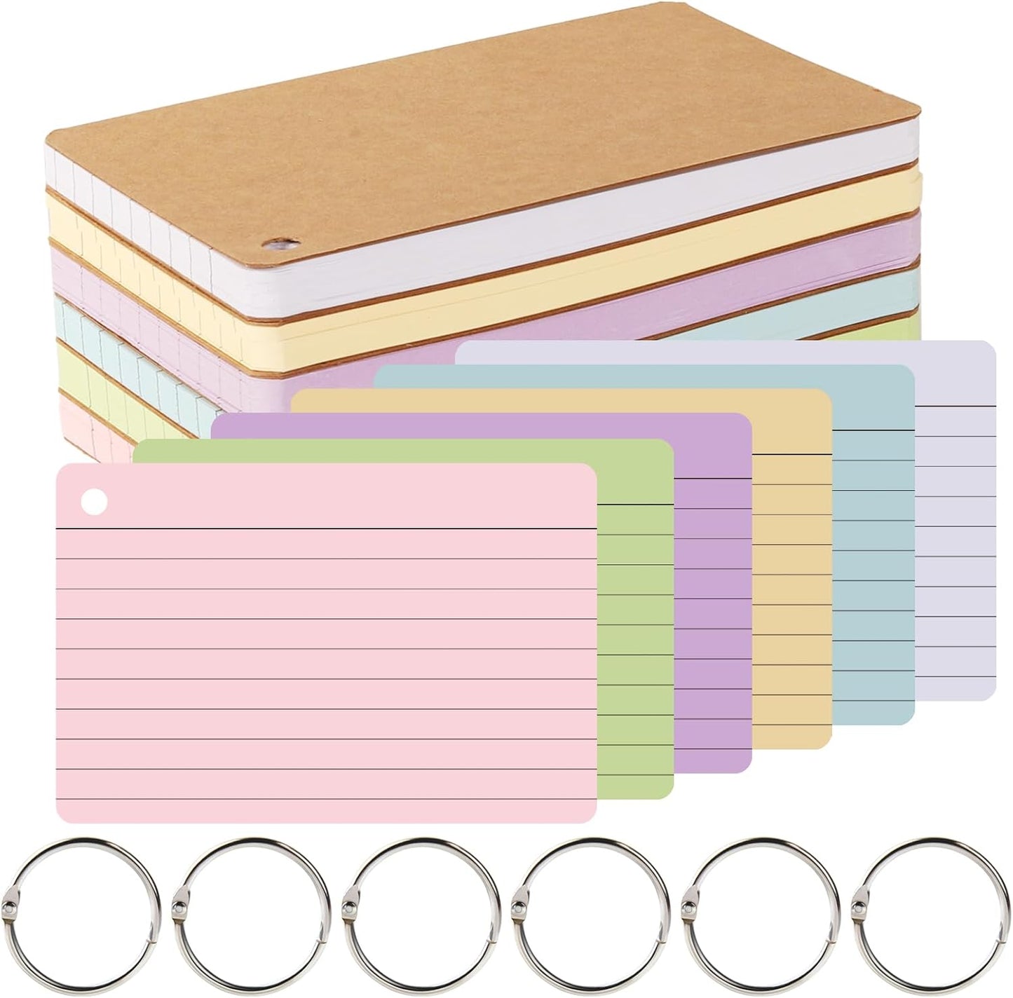 6 Pack Lined Index Cards 4 x 6 Inches, 360 PCS Colored Ruled Index Flashcards Lined Flash Cards with Rings, Note Cards Punched for Study, Office and Home