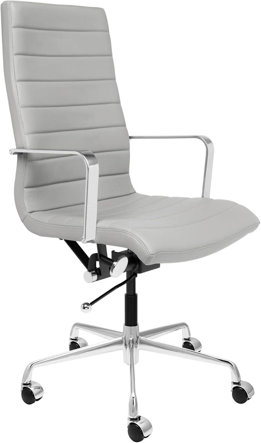 Laura Davidson Furniture SOHO II Ribbed Office Chair - Tall Back Desk Chair with Arm Rest, Swivel & Cushion Availability, Made of Faux Leather, Grey, Computer Chair