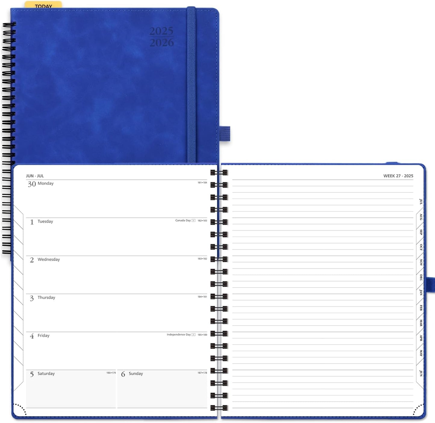 POPRUN Planner 2025-2026 Weekly Planner Notebook (Large 8.5''x 10.5'') Academic Calendar (JUL.25 - JUN.26) Appointment Book with Monthly Tabs, Spiral Soft Cover, Inner Pocket, 100 GSM - Royal Blue