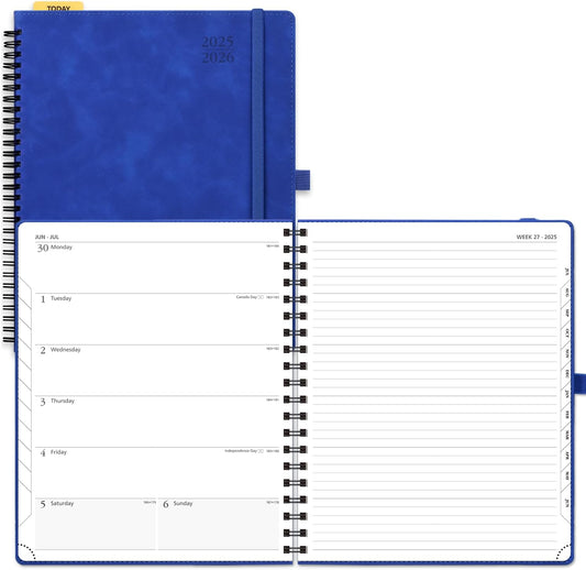 POPRUN Planner 2025-2026 Weekly Planner Notebook (Large 8.5''x 10.5'') Academic Calendar (JUL.25 - JUN.26) Appointment Book with Monthly Tabs, Spiral Soft Cover, Inner Pocket, 100 GSM - Royal Blue