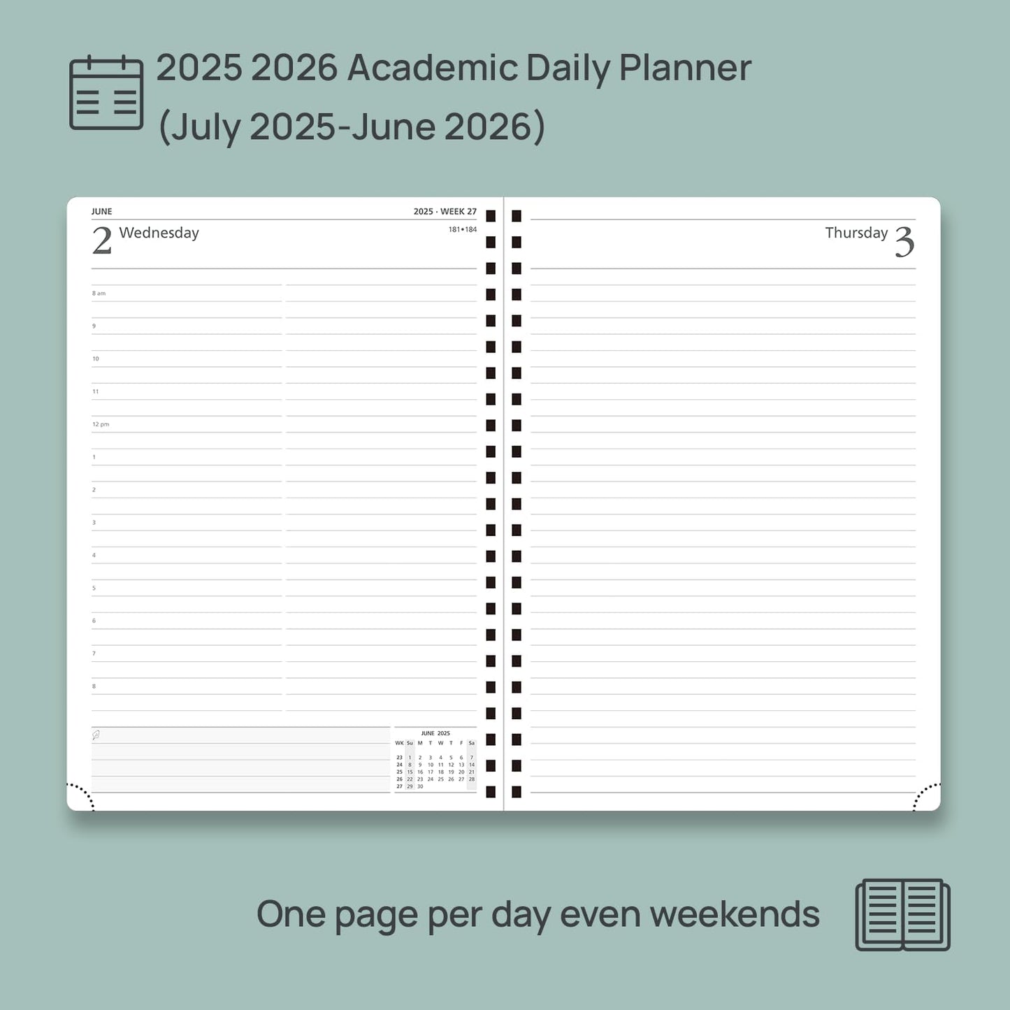 POPRUN Academic Daily Planner 2025-2026 One Page A Day - [A4 Large Size 8.25" x 12" - Spiral Hard Cover], Appointment Book (July 2025 - June 2026) with Monthly Calendar - Midnight Green