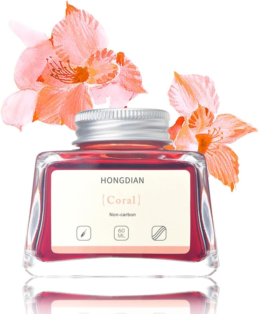 Hongdian Fountain Pen Bottled Ink Coral Color, 60ml Non Carbon Inkwell Bottle, Artist Calligraphy Ink
