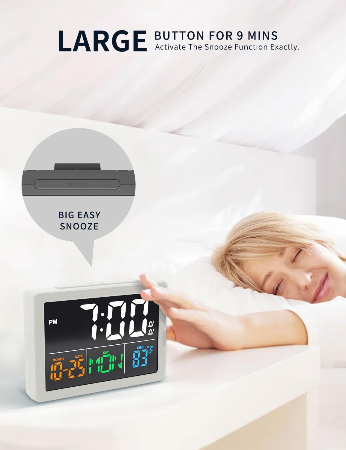 Digital Alarm Clock, with 5.5" Large LED Time Display, Adjustable Alarm Volume, 6 Level Brightness, Alarm Settings, USB Charger, Temperature Detect, Snooze, Clocks for Bedroom, Bedside, Desk, White