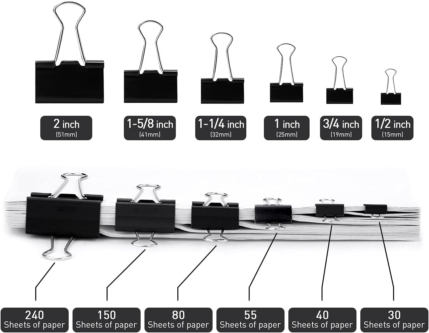 Small Binder Clips, 144 Pack, 1 Inch, Black, Standard 25mm, Metal Paper Clips, Fold Clamp, Office Clips, Capacity 0.47 Inch, Office and School Supplies