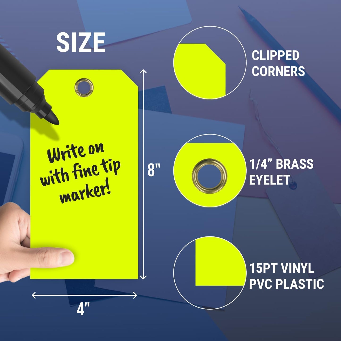 Tags 4 Less 15 Mil Waterproof Plastic Tags, Pack of 100 – 4” x 8” Heavy Duty Plastic Tags for Labeling, Outdoor Tagging, Equipment Labeling, Luggage, Valves & More (Fluorescent Yellow)