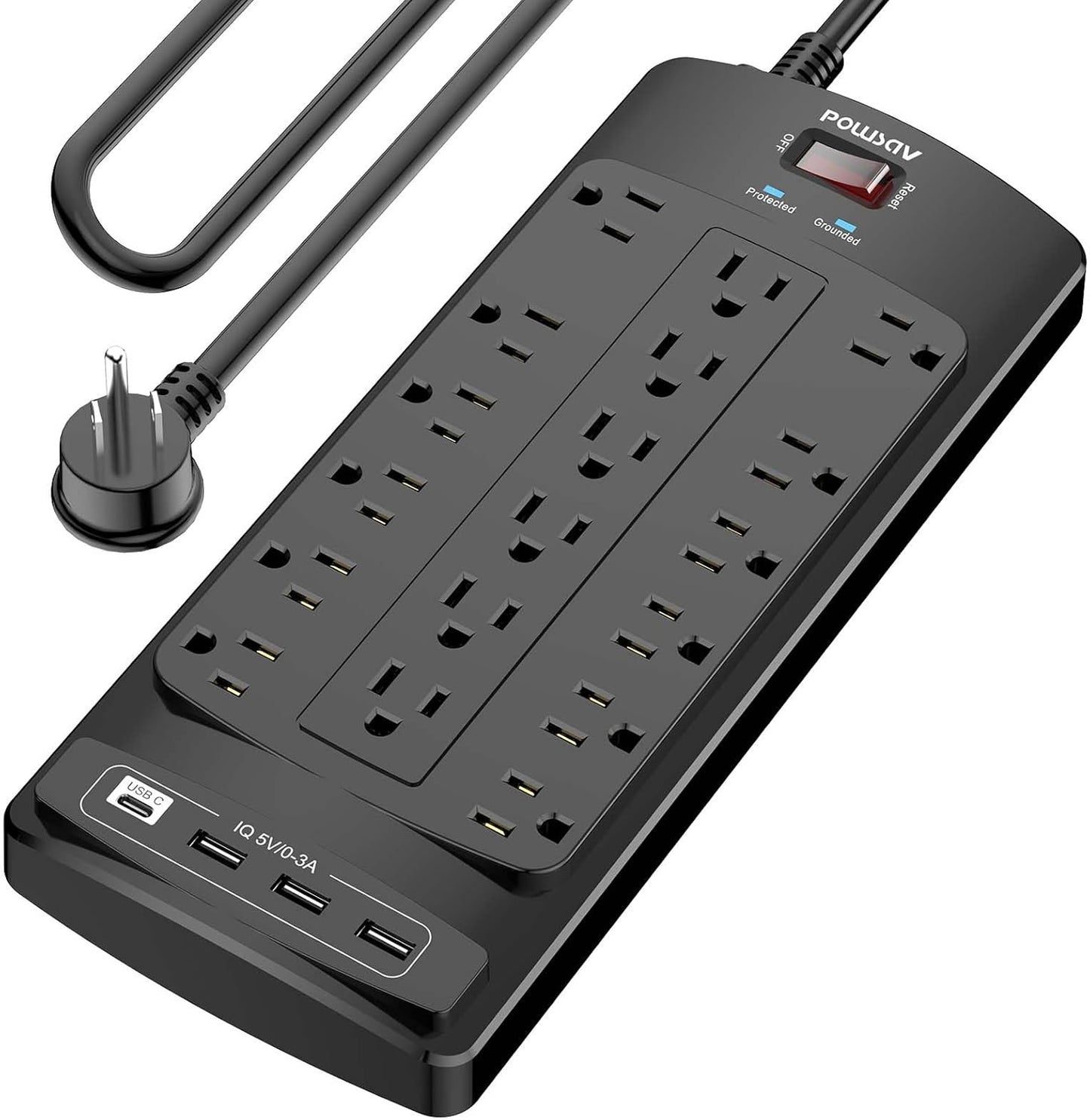 18 Outlets Surge Protector Power Strip - 10 Feet Flat Plug Heavy Duty Extension Cord with 18 Widely Outlets and 4 USB Ports, 2100 Joules, Black, ETL Listed