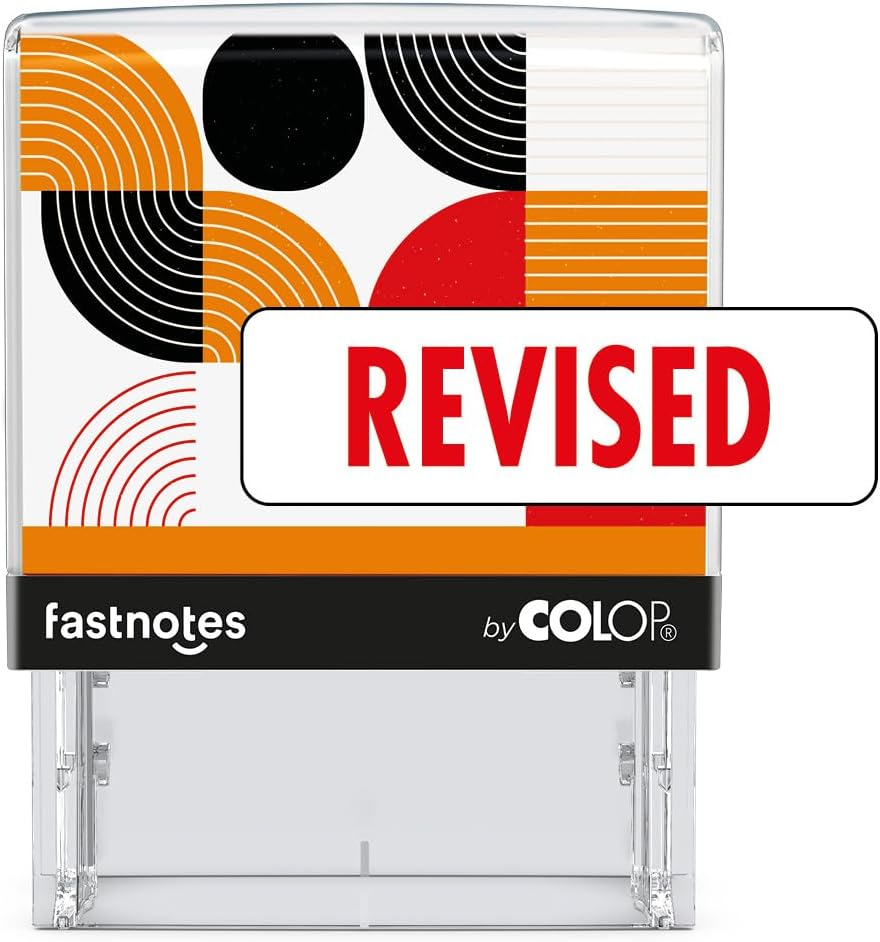 Fastnotes Revised Self-Inking Rubber Stamp by COLOP - Great for Office Documents, Notary, Warehouse, Accounting Paperwork, Business, and Legal Documentation - Red Ink (Revised- Red)