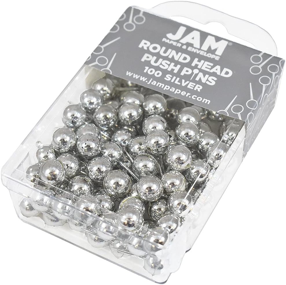 JAM PAPER Colorful Push Pins - Round Head Map Thumb Tacks - Silver PushPins - 100/Pack