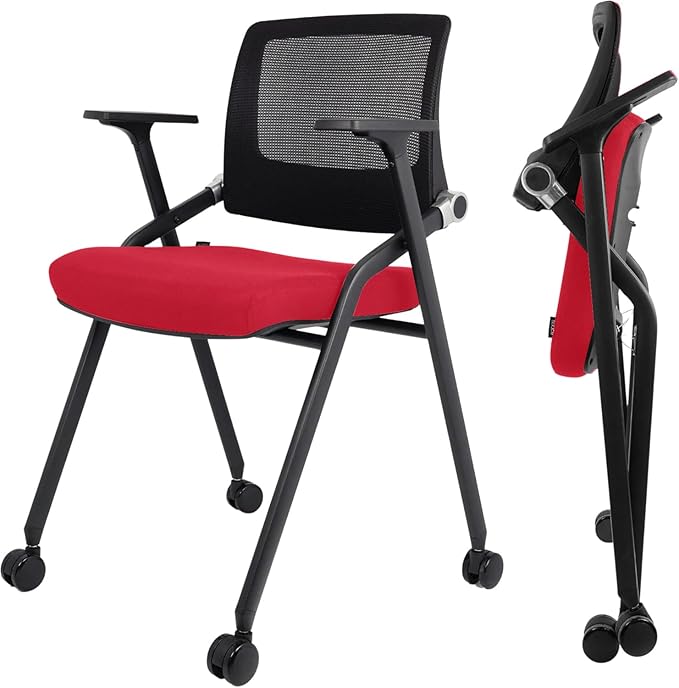 2 Pack Foldable Office Chairs with Wheels, Mesh Back, Arms and Portable - Folding Office Chairs for Conference Room Chair, Office Guest & Reception & Meeting Chair - (Red) 300 lbs.