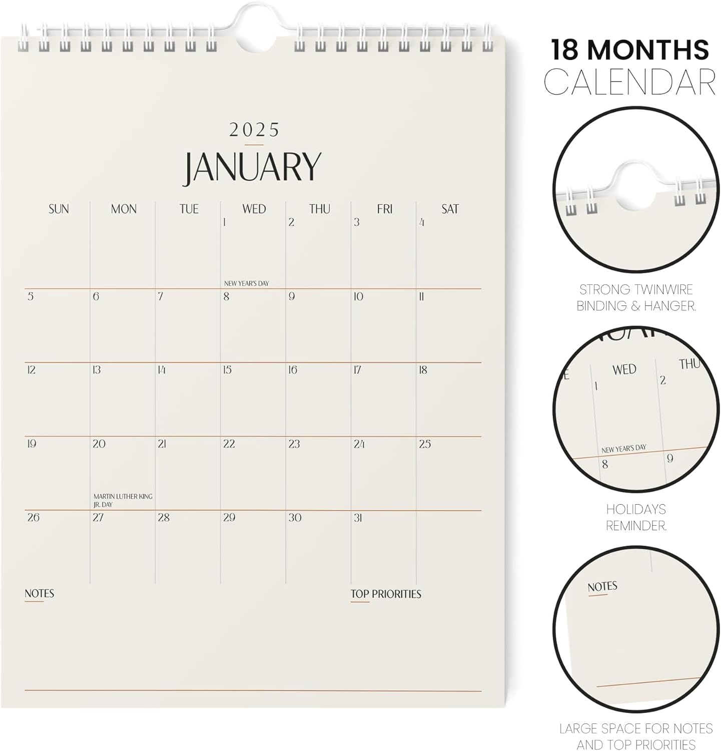 Karto Wall Calendar 2025 - Vertical 8.5x11 inch Runs Until June 2026 - Boost Your Productivity and Easy Planning with the Aesthetic Monthly Calendar - Beige