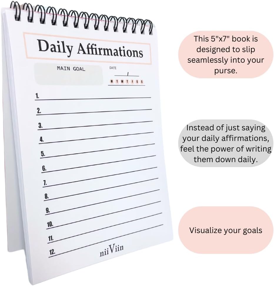 Daily Affirmations for Women - 50 Page Goals Journal, Write Your Own Positive Affirmations, Motivational Gifts for Women, 5"x7" Spiral Lined Pad, Pink, Black, White