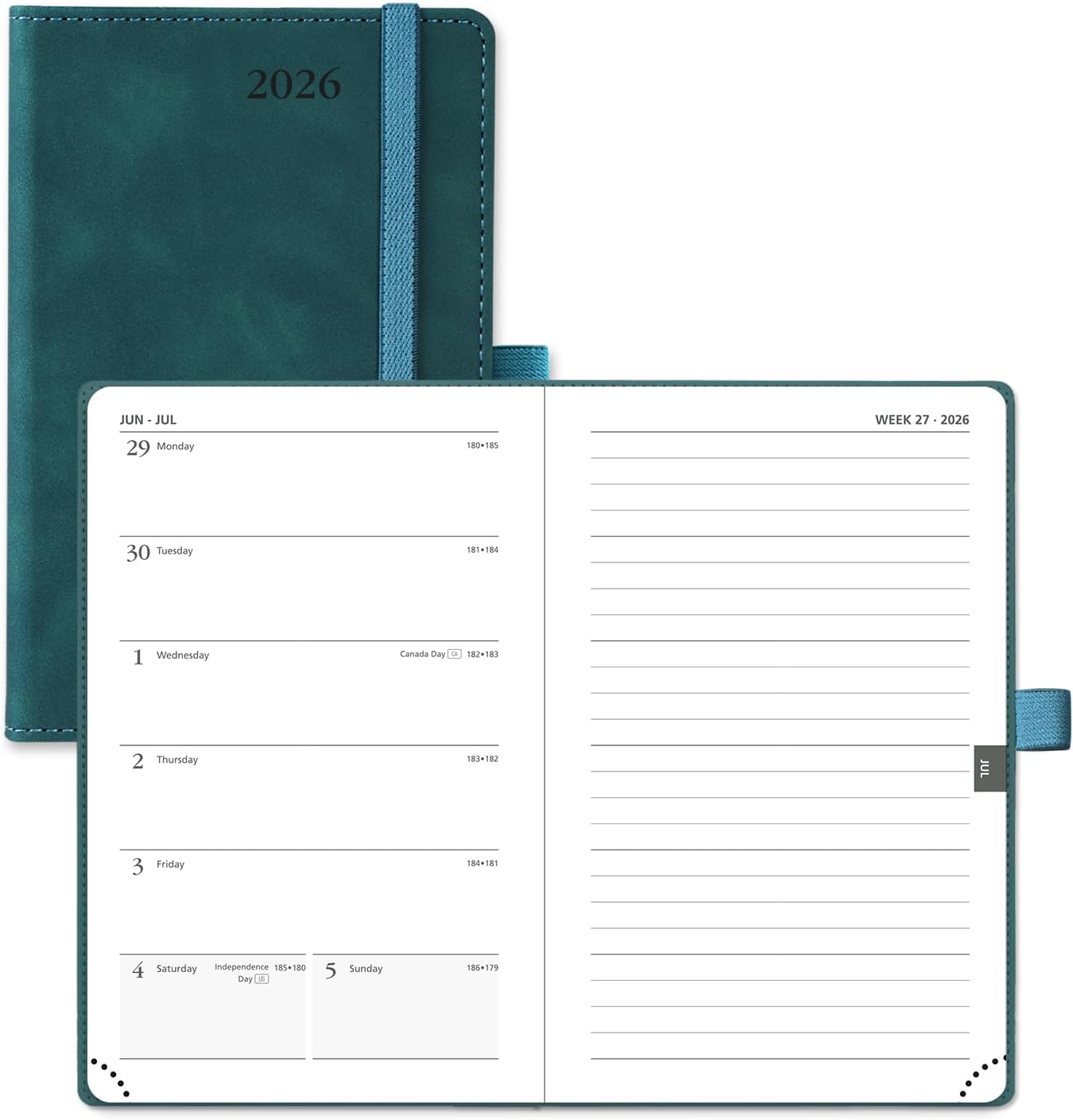 POPRUN Weekly Planner 2026 Pocket Size Calendar (4" x 6.25") 12 Months Notebook with Horizontal Layout, Leather Soft Cover, Inner Pocket, 100GSM Thick Paper, Pen Holder - Petrol Green