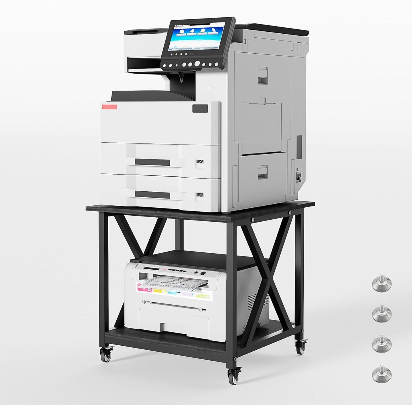 2 Tier Large Printer Stand, 23.6 x 23.6 Inches Printer Table with Storage Shelf, Rolling Printer Cart with Industrial Wheels for Home Office (Black)