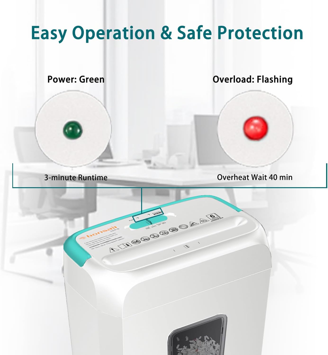 Bonsaii Secure Shredder, Home Office Shredder, high Security, 6-Sheet, Cross-Cut shredding for documents, Mail, Staples, Credit Cards, Equipped Convenient Handle, 3.4-Gallon Wastebasket, White & Blue