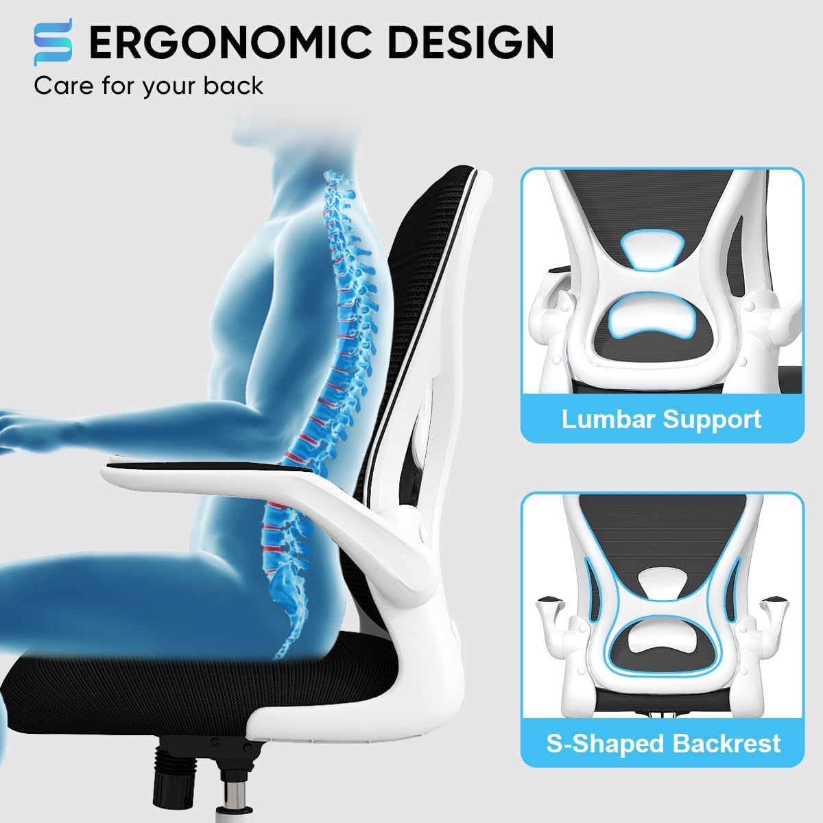 Sytas Ergonomic Desk Chair with Padded Flip up Arms and Supportive Lumbar Support, Breathable Mesh Home Office Chair with Comfortable Cushion for Home or Office(White)